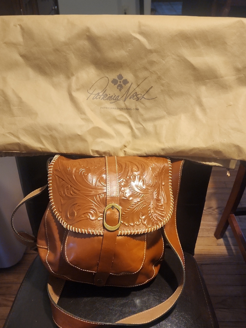Tooled Leather Tan Crossbody Bag with Whipstitch Trim - Picture 8 of 8